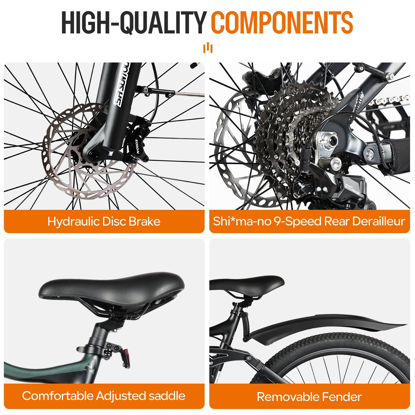 An overview of the high-quality components and parts that make up the Cola Bear 1.5 Plus electric bike.